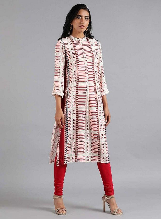 White &amp; Red Mandarin Neck Printed kurta - wforwoman