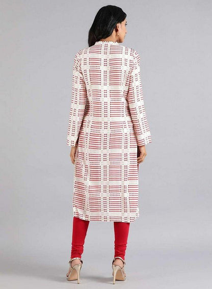 White &amp; Red Mandarin Neck Printed kurta - wforwoman