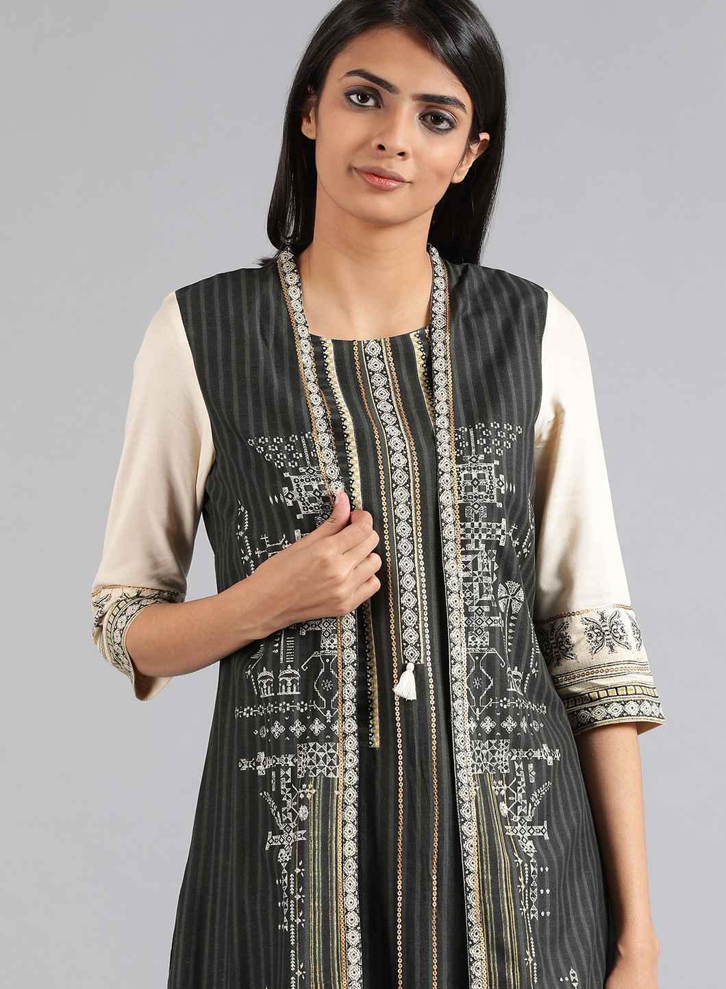 Grey Round Neck Khadi Print kurta