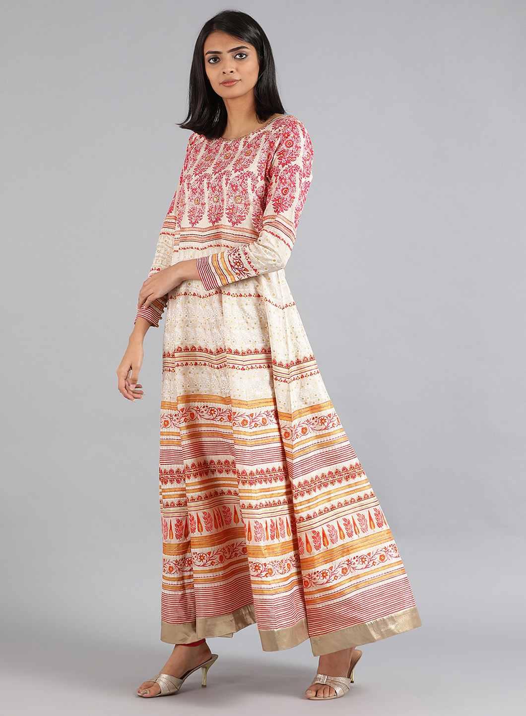 Off-White &amp; Pink Khadi Print kurta - wforwoman