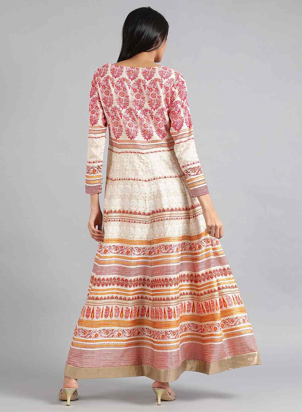 Off-White &amp; Pink Khadi Print kurta - wforwoman