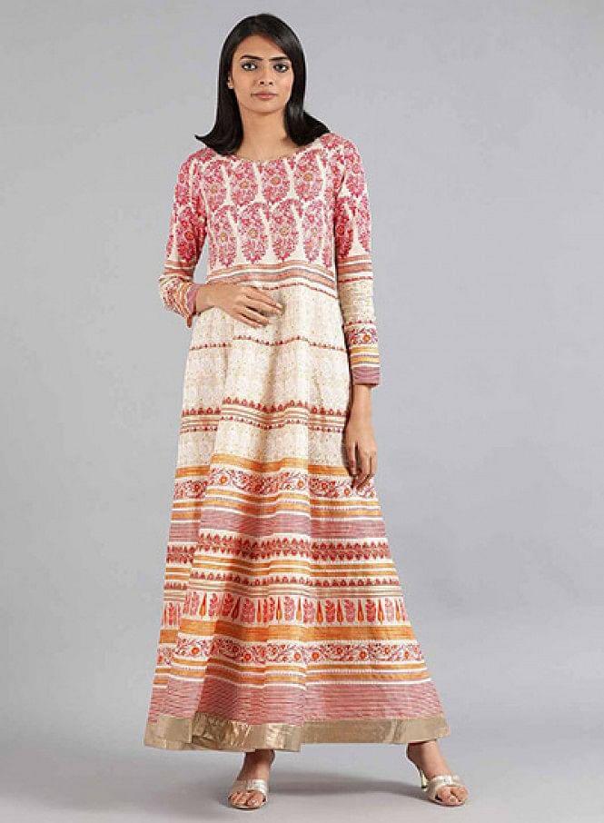 Off-White &amp; Pink Khadi Print kurta - wforwoman