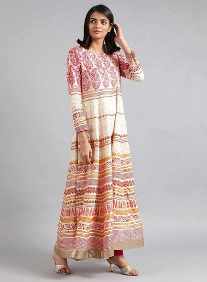 Off-White &amp; Pink Khadi Print kurta - wforwoman