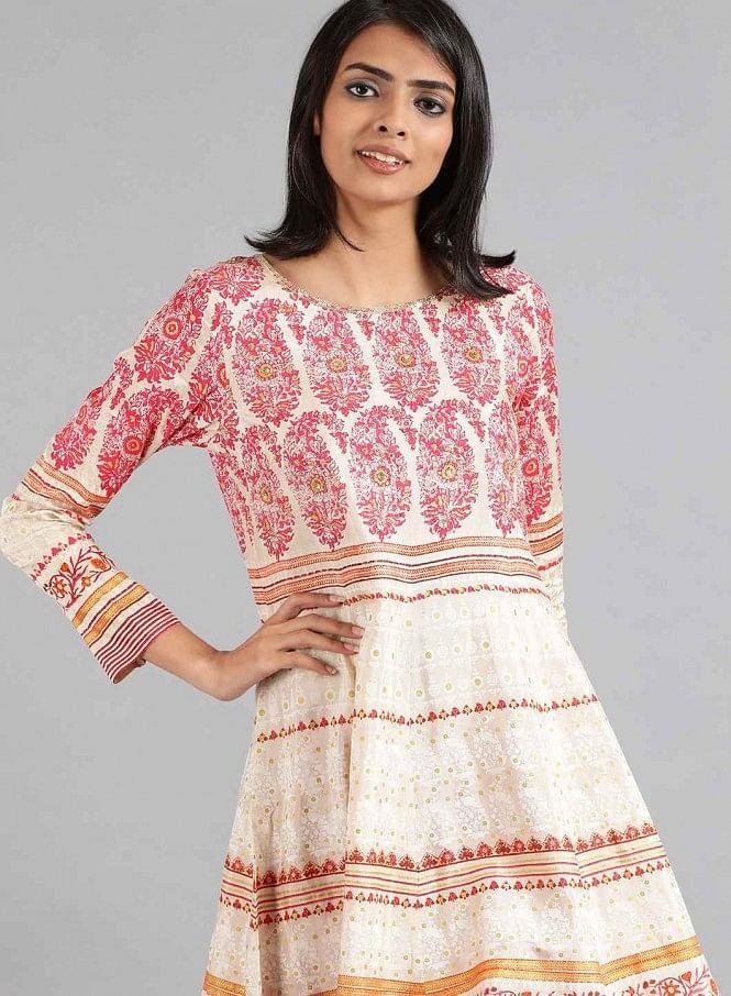 Off-White &amp; Pink Khadi Print kurta - wforwoman