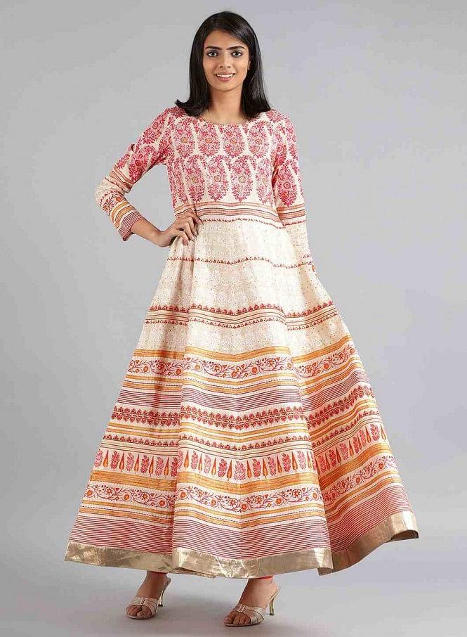 Off-White &amp; Pink Khadi Print kurta - wforwoman