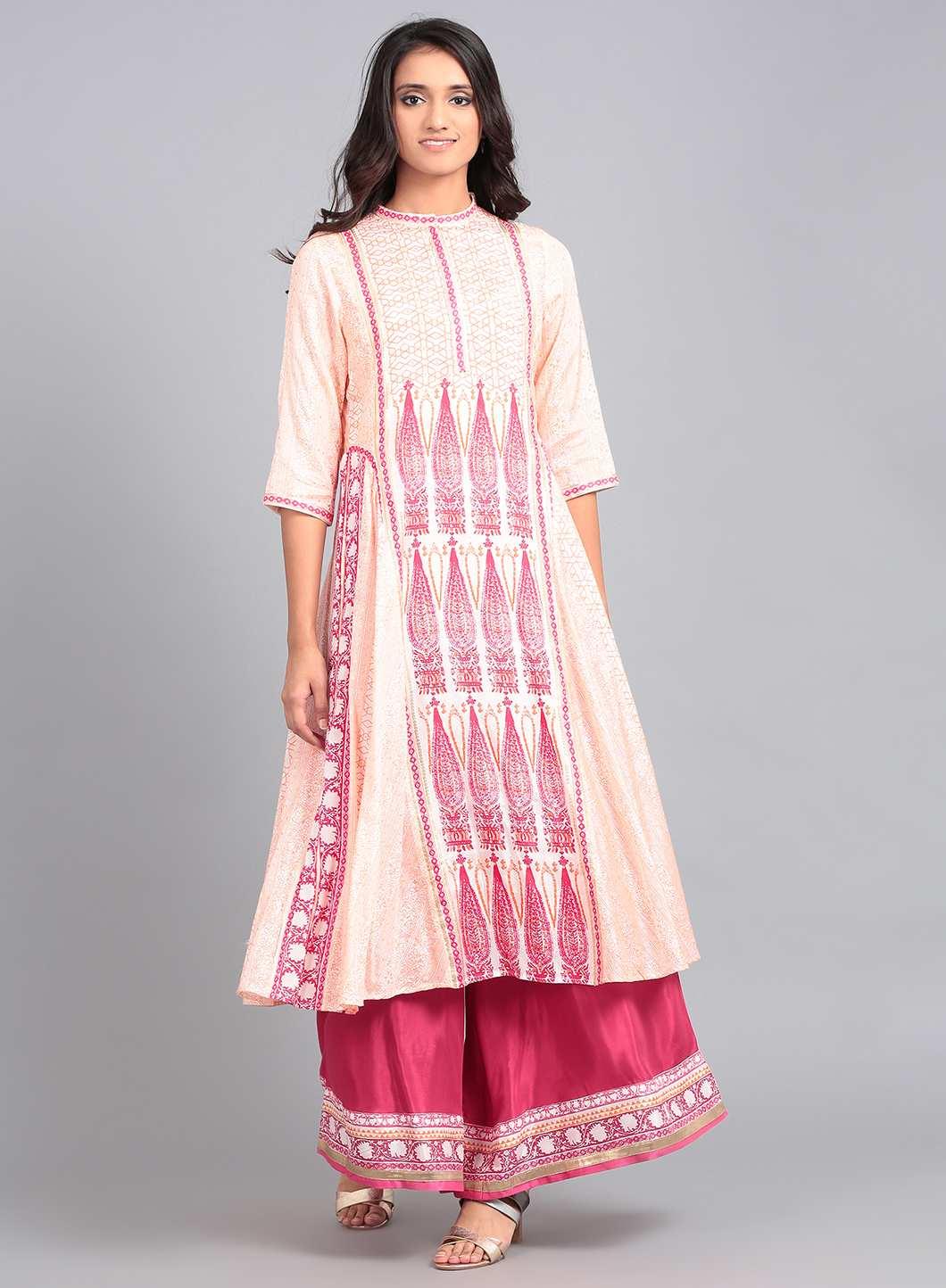 Pink &amp; White Mandarin Neck Flared kurta - wforwoman