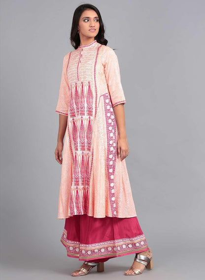 Pink &amp; White Mandarin Neck Flared kurta - wforwoman