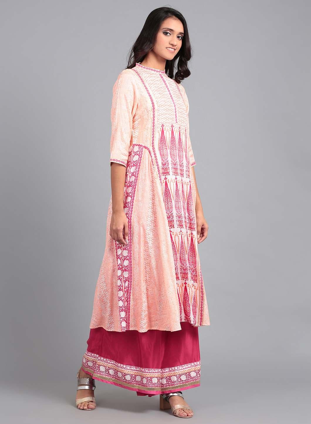 Pink &amp; White Mandarin Neck Flared kurta - wforwoman