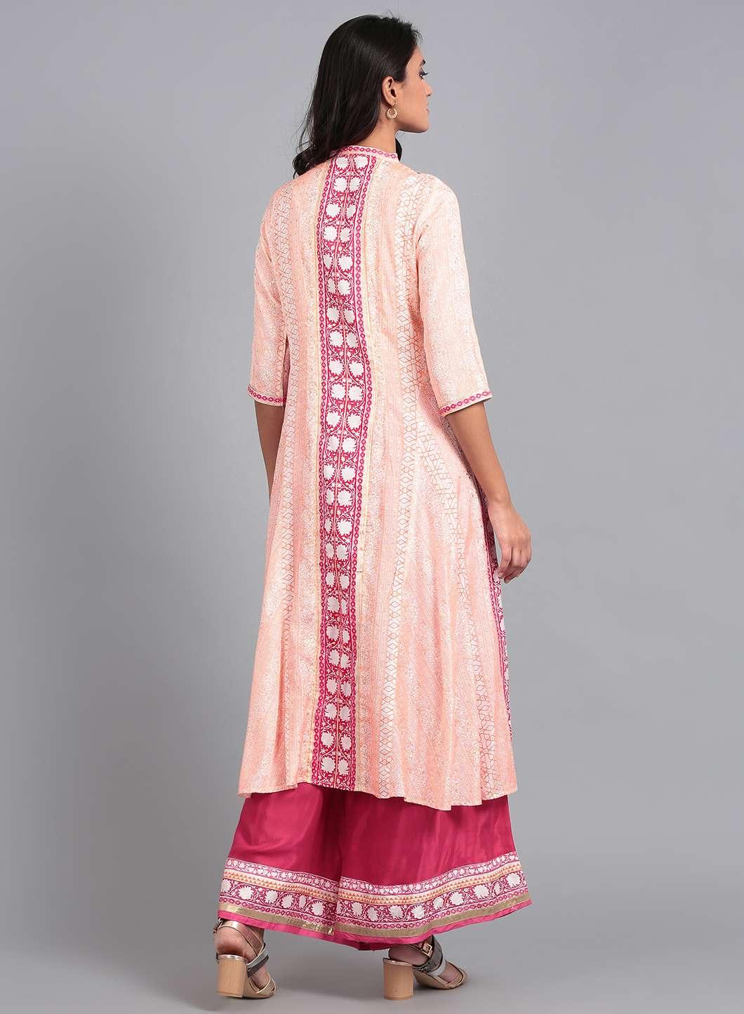 Pink &amp; White Mandarin Neck Flared kurta - wforwoman