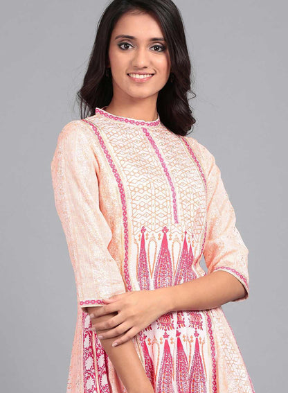 Pink &amp; White Mandarin Neck Flared kurta - wforwoman