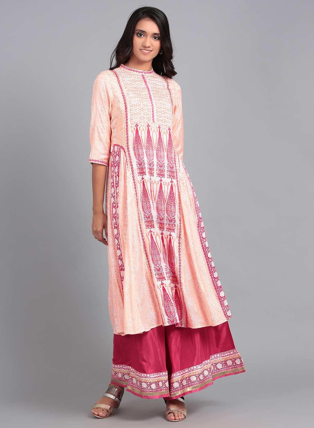 Pink &amp; White Mandarin Neck Flared kurta - wforwoman