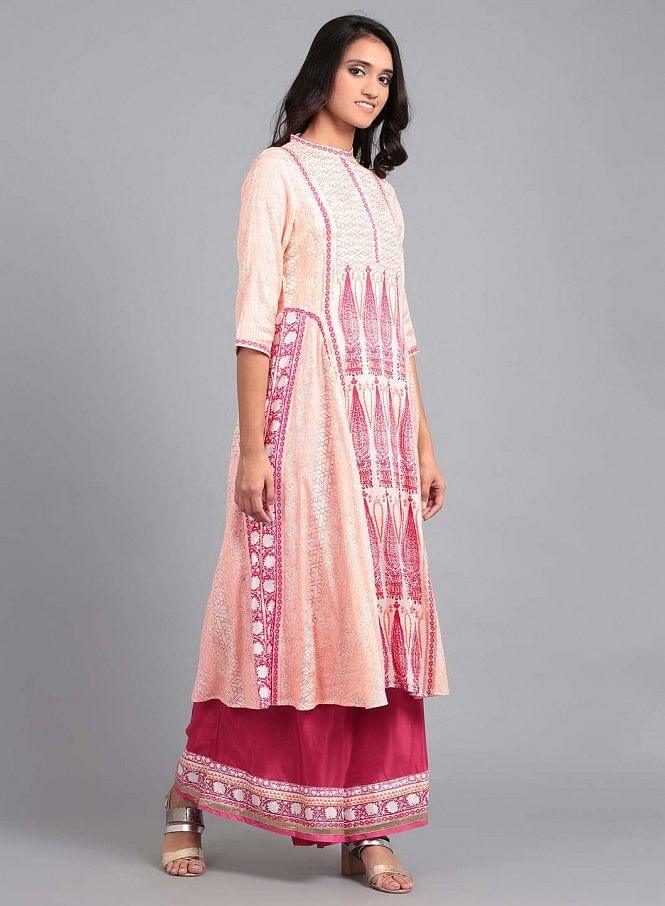 Pink &amp; White Mandarin Neck Flared kurta - wforwoman