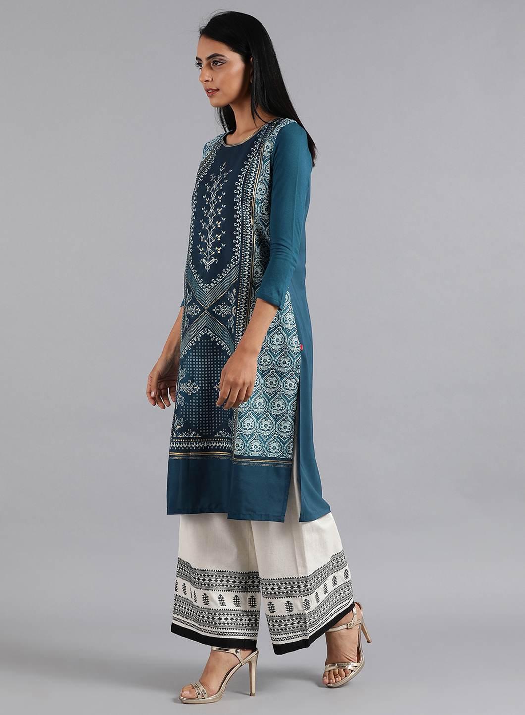 Blue Round Neck Printed kurta - wforwoman