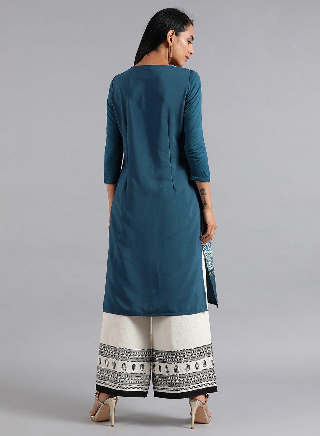 Blue Round Neck Printed kurta - wforwoman