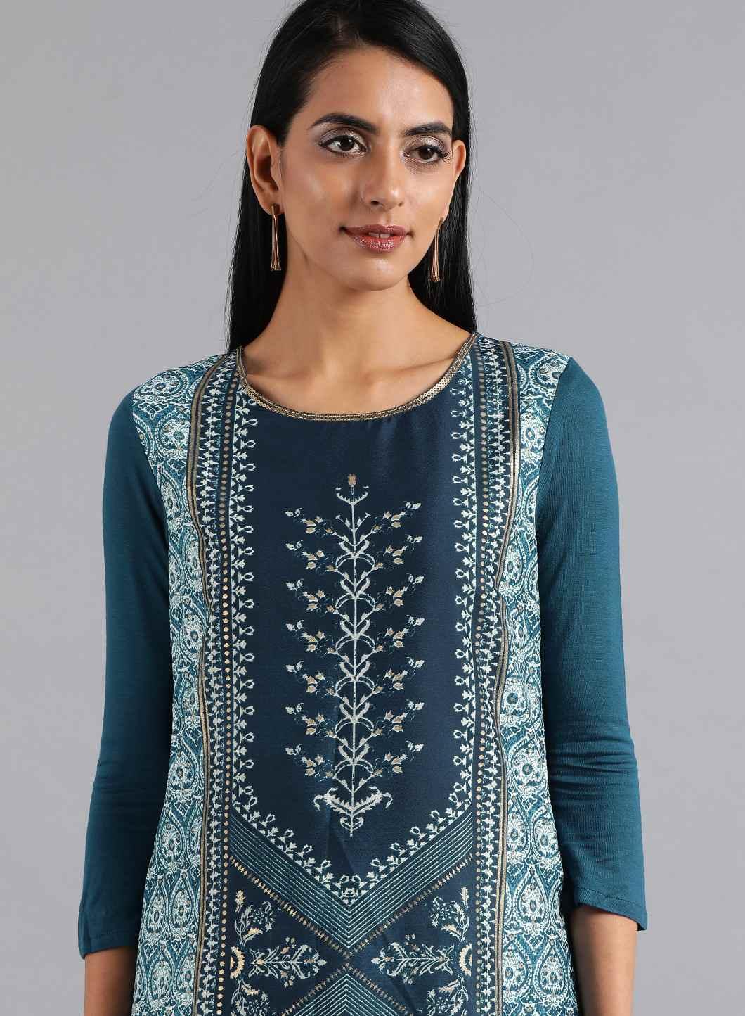 Blue Round Neck Printed kurta - wforwoman