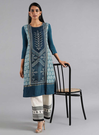 Blue Round Neck Printed kurta - wforwoman