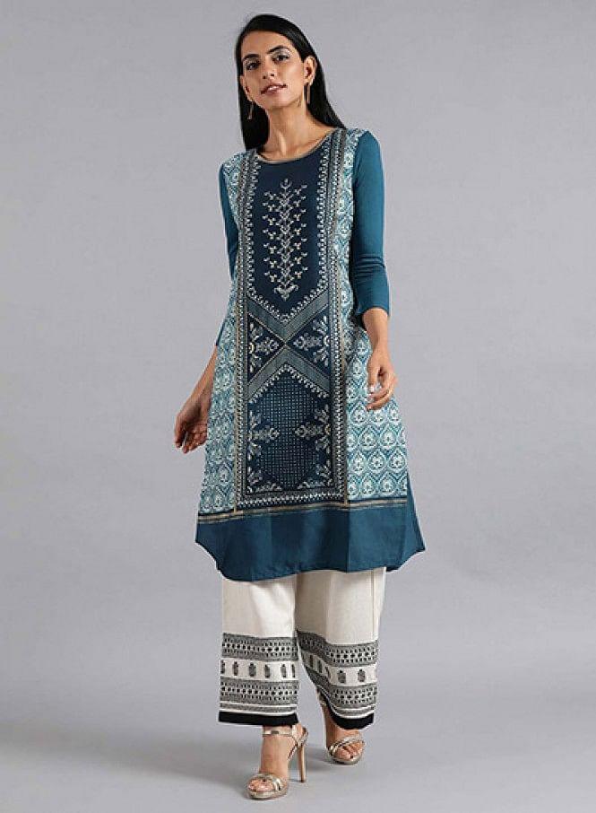 Blue Round Neck Printed kurta - wforwoman