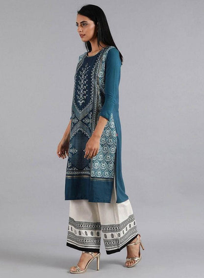 Blue Round Neck Printed kurta - wforwoman