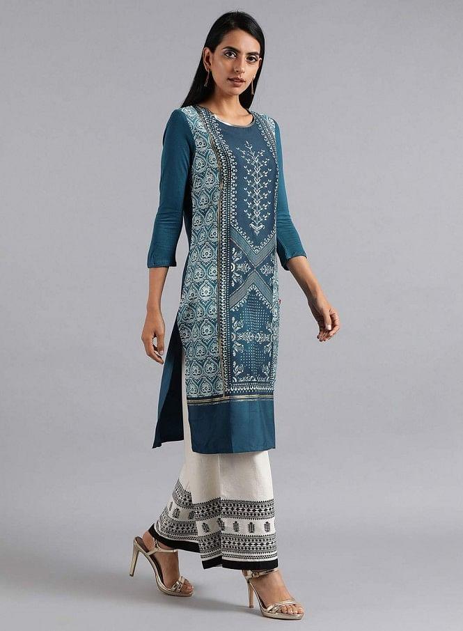 Blue Round Neck Printed kurta - wforwoman