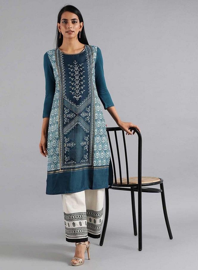 Blue Round Neck Printed kurta - wforwoman