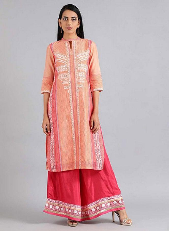 Coral Choker Neck Chanderi kurta - wforwoman