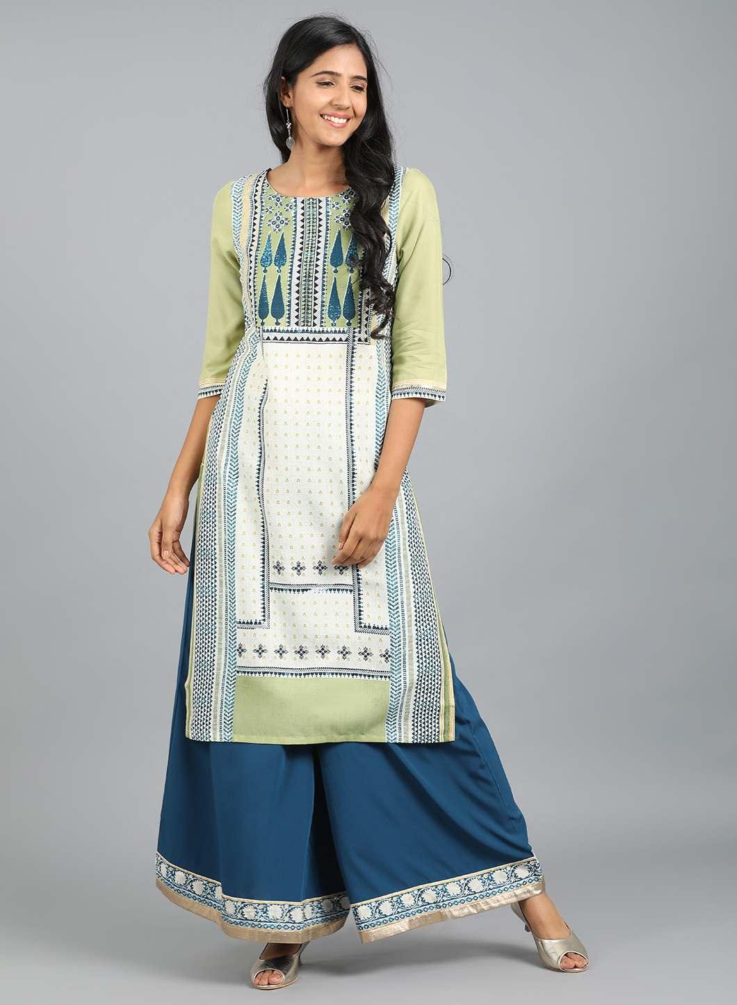 White &amp; Green Round Neck Printed kurta - wforwoman