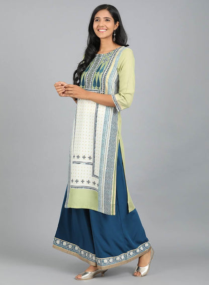 White &amp; Green Round Neck Printed kurta - wforwoman