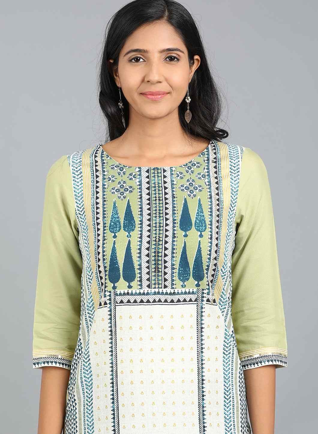 White &amp; Green Round Neck Printed kurta - wforwoman