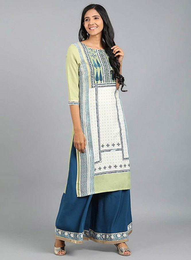 White &amp; Green Round Neck Printed kurta - wforwoman