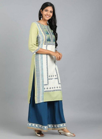 White &amp; Green Round Neck Printed kurta - wforwoman