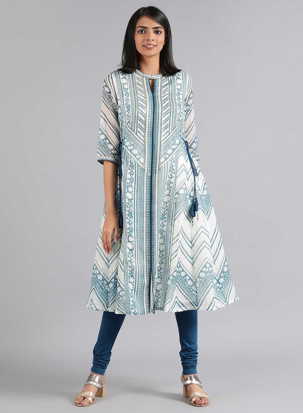 Blue &amp; White Choker Neck Printed kurta - wforwoman