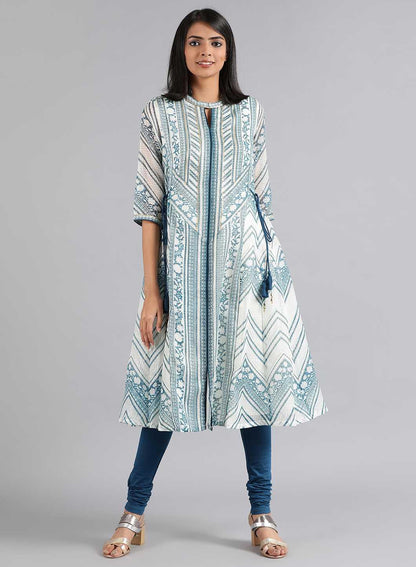 Blue &amp; White Choker Neck Printed kurta - wforwoman