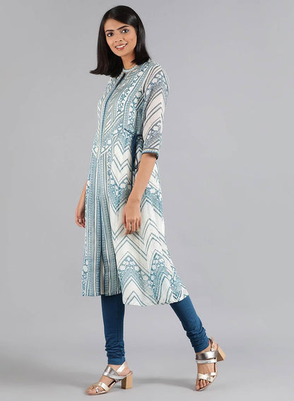 Blue &amp; White Choker Neck Printed kurta - wforwoman