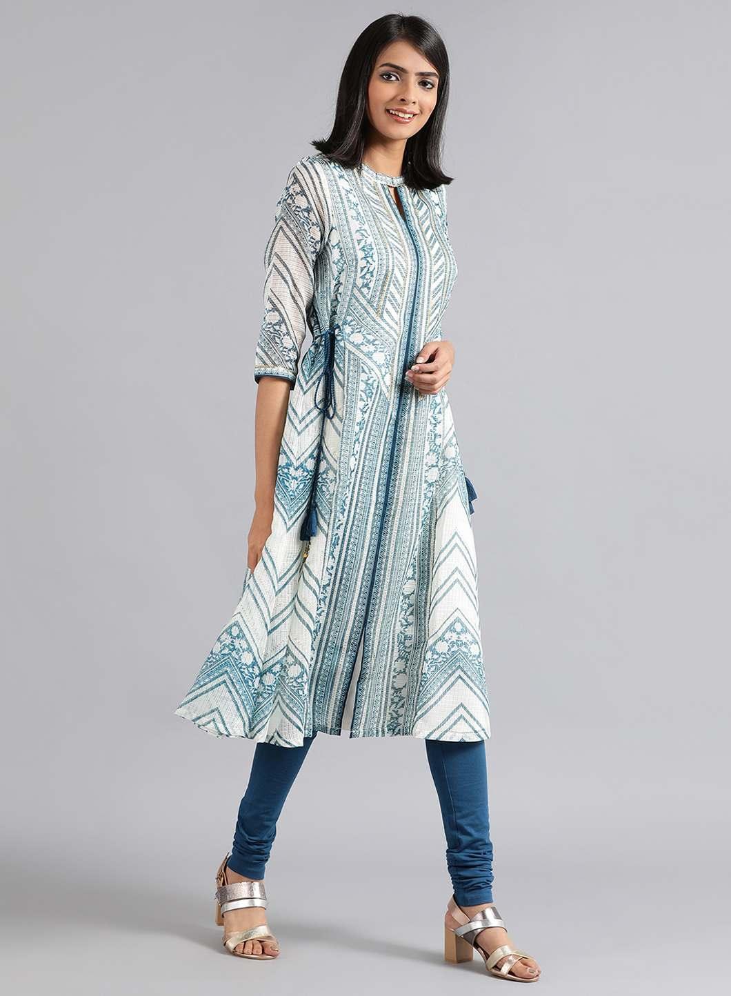 Blue &amp; White Choker Neck Printed kurta - wforwoman