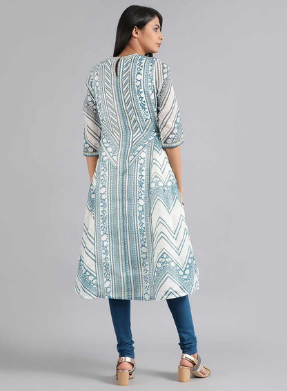 Blue &amp; White Choker Neck Printed kurta - wforwoman