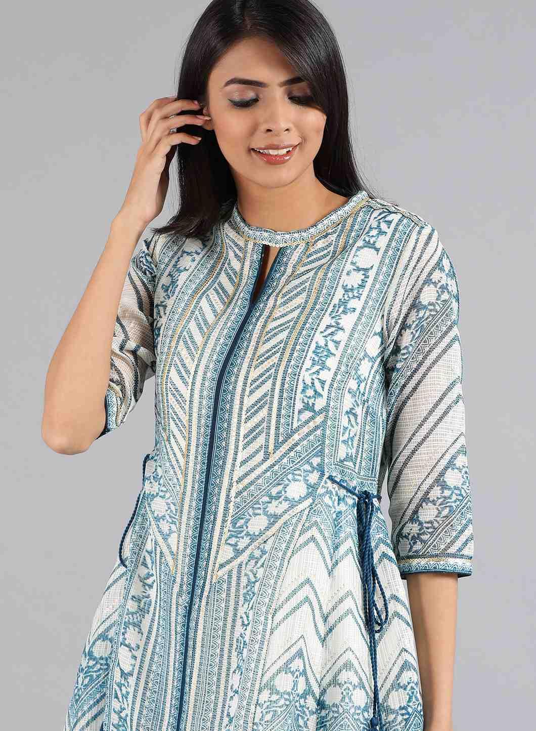 Blue &amp; White Choker Neck Printed kurta - wforwoman