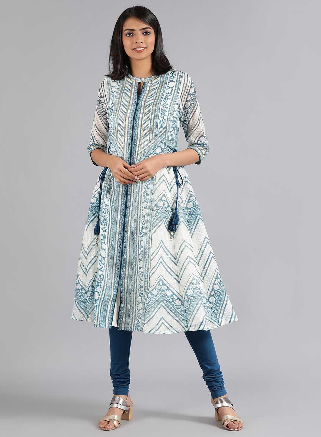 Blue &amp; White Choker Neck Printed kurta - wforwoman