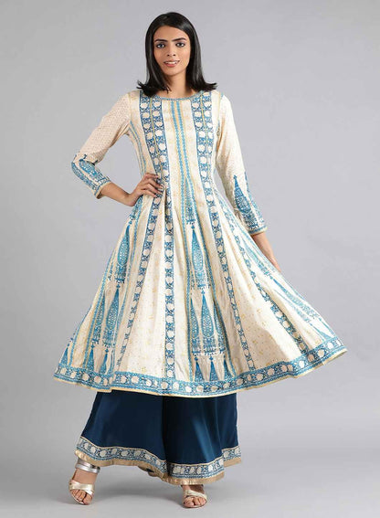 Off-White Round Neck Paisley Print kurta - wforwoman