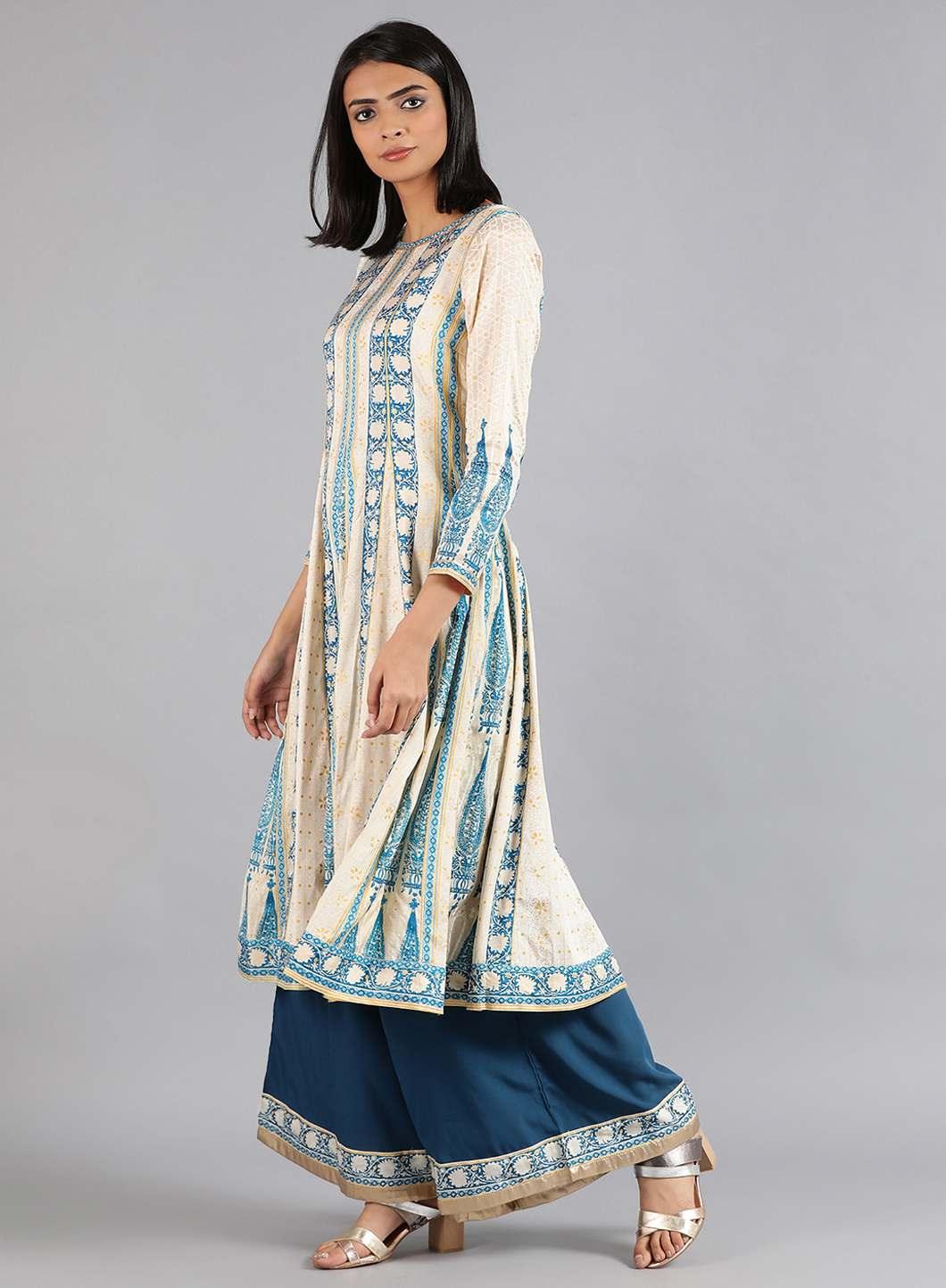 Off-White Round Neck Paisley Print kurta - wforwoman