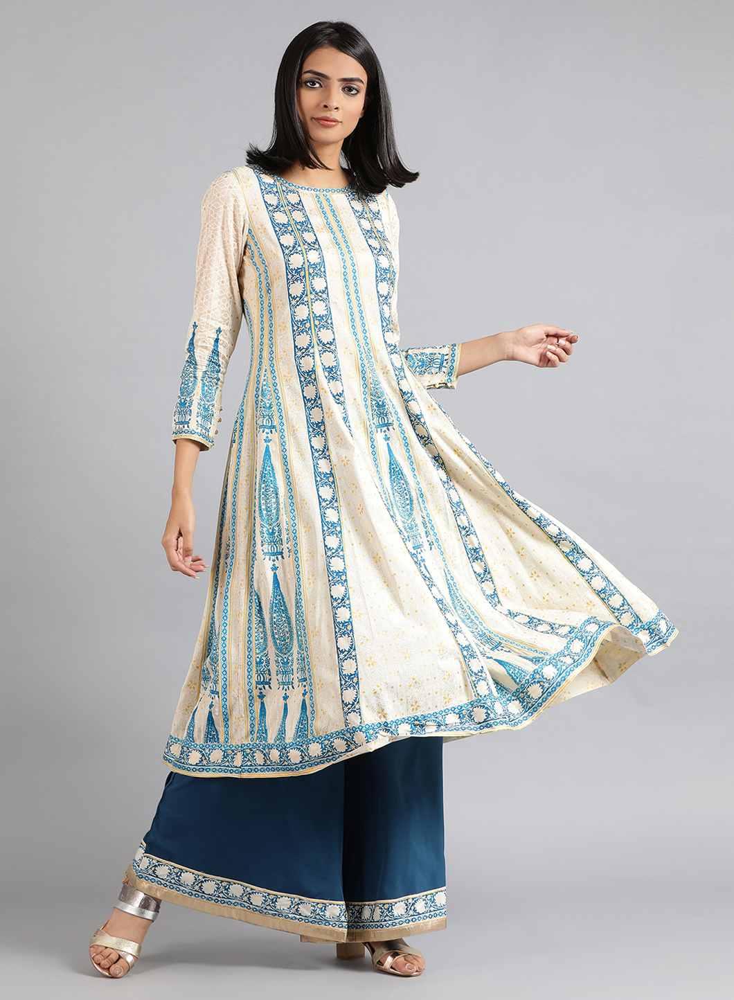 Off-White Round Neck Paisley Print kurta - wforwoman