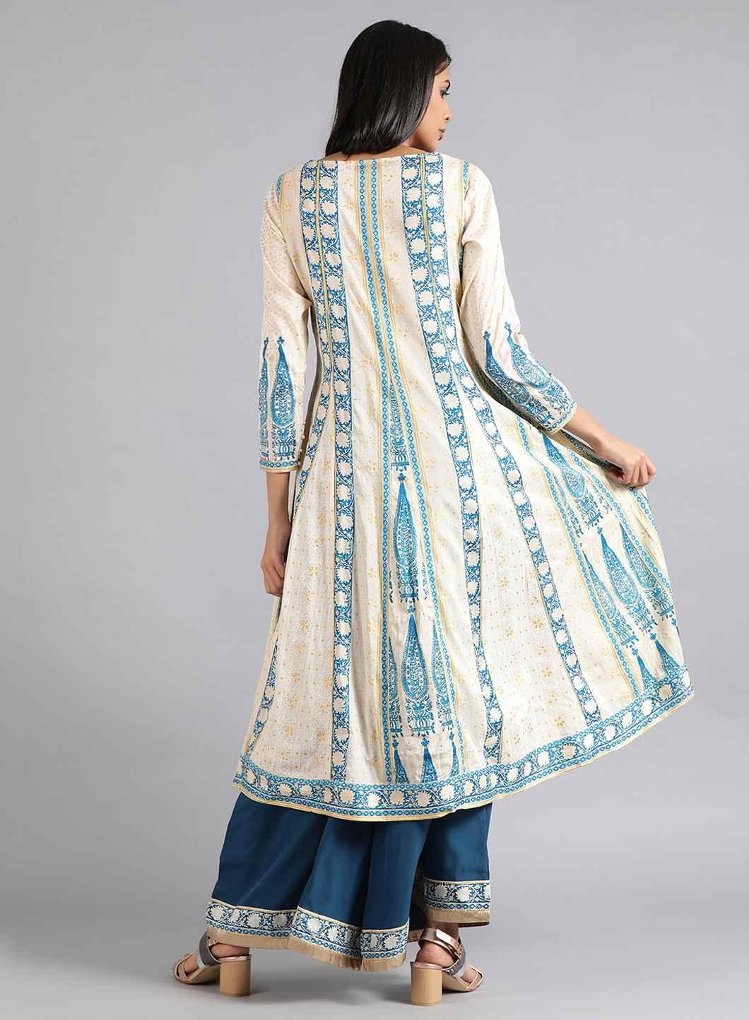 Off-White Round Neck Paisley Print kurta - wforwoman