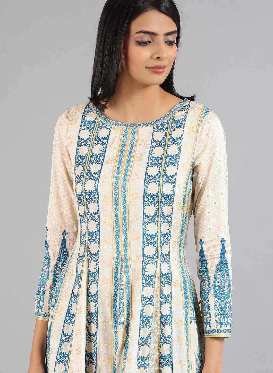 Off-White Round Neck Paisley Print kurta - wforwoman