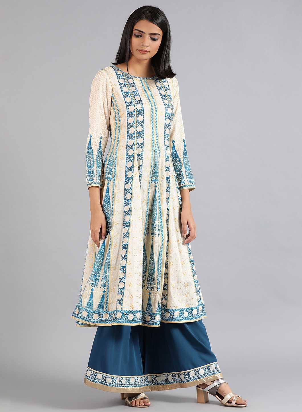 Off-White Round Neck Paisley Print kurta - wforwoman