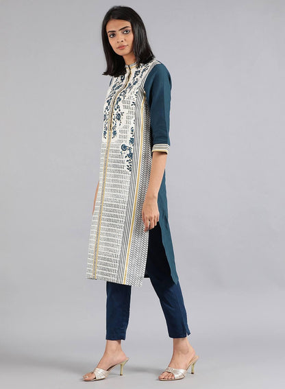 White &amp; Blue Mandarin Neck Floral Print kurta - wforwoman