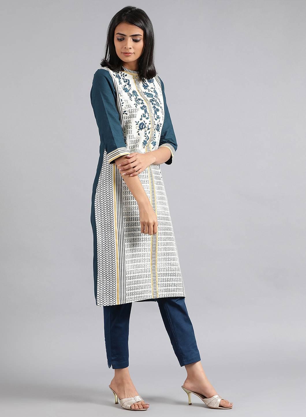 White &amp; Blue Mandarin Neck Floral Print kurta - wforwoman