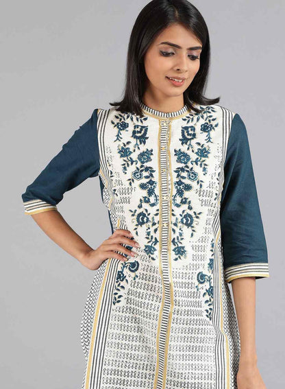 White &amp; Blue Mandarin Neck Floral Print kurta - wforwoman