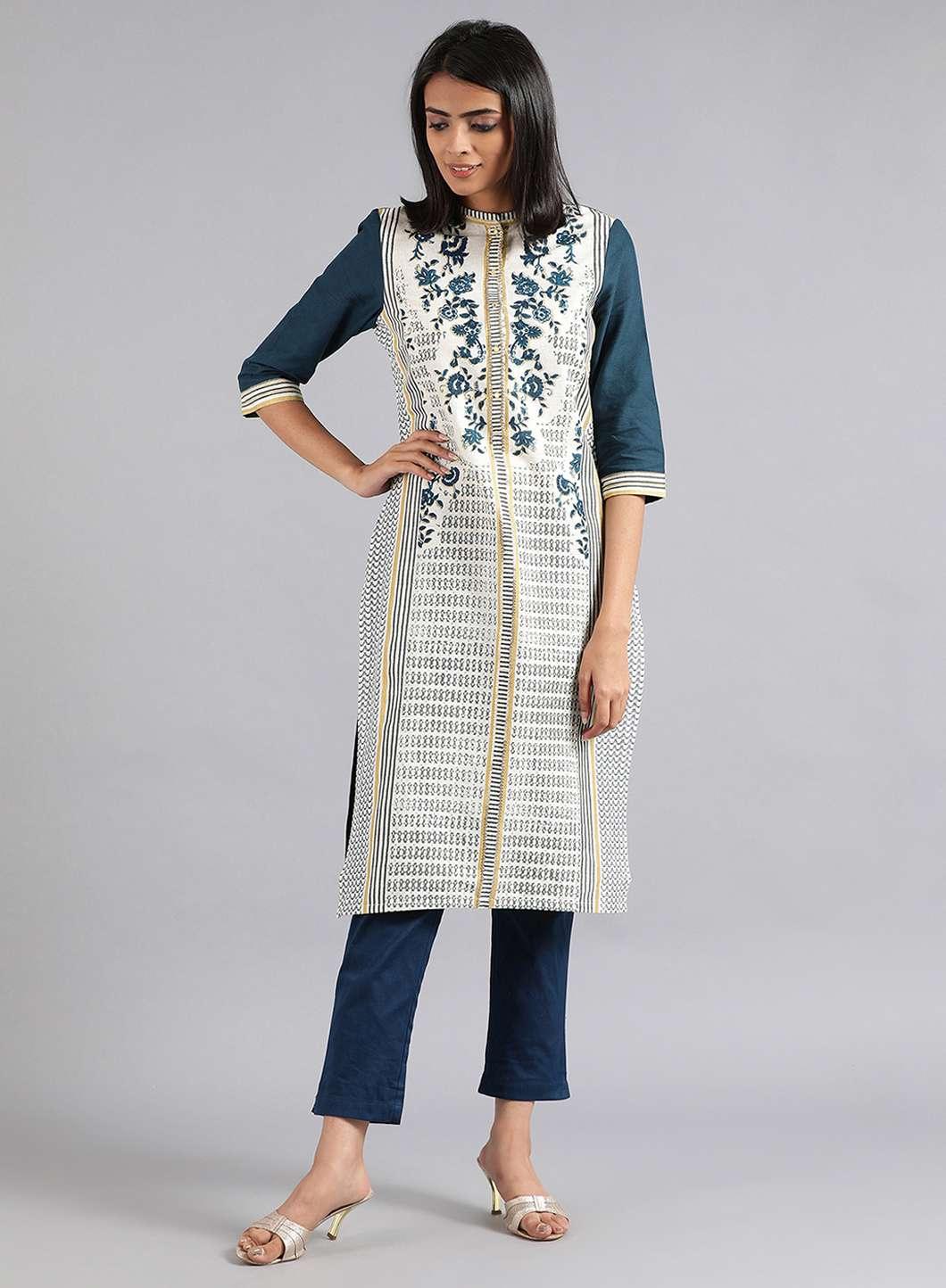 White &amp; Blue Mandarin Neck Floral Print kurta - wforwoman