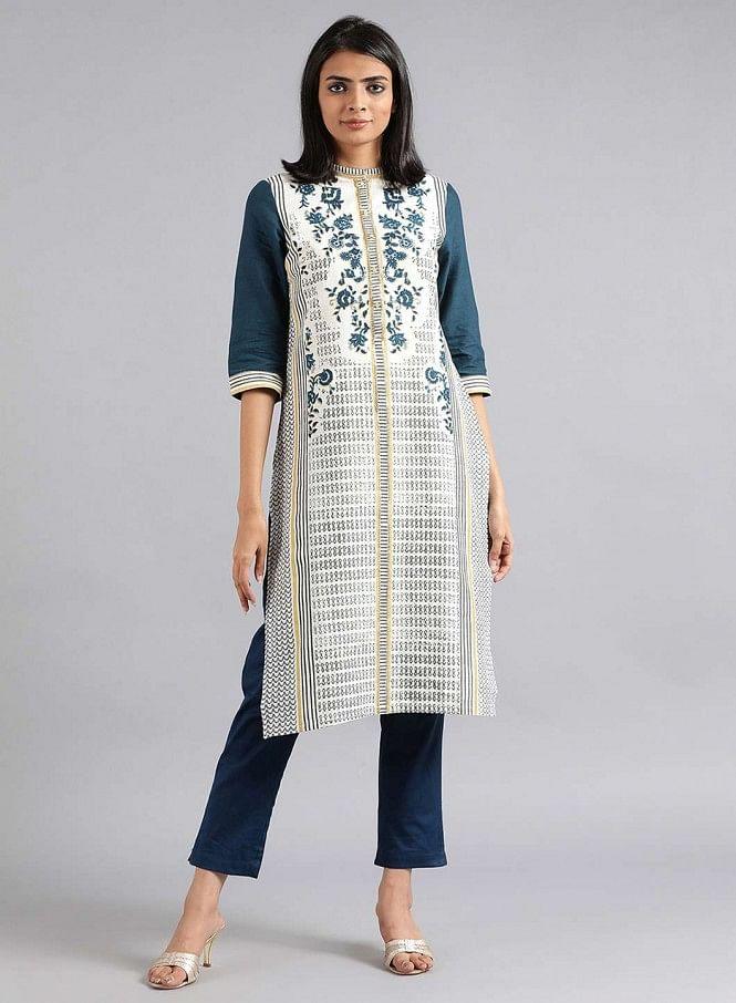 White &amp; Blue Mandarin Neck Floral Print kurta - wforwoman