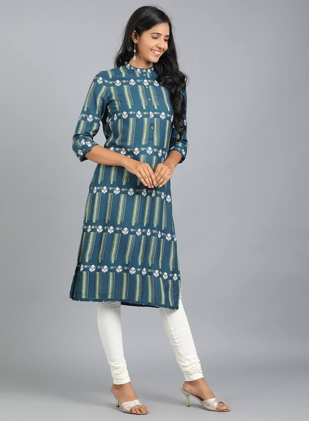 Blue Mandarin Neck Printed kurta - wforwoman