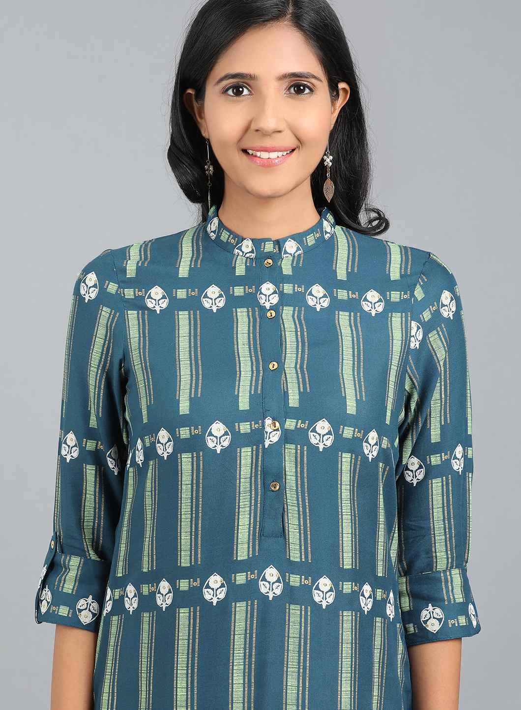 Blue Mandarin Neck Printed kurta - wforwoman